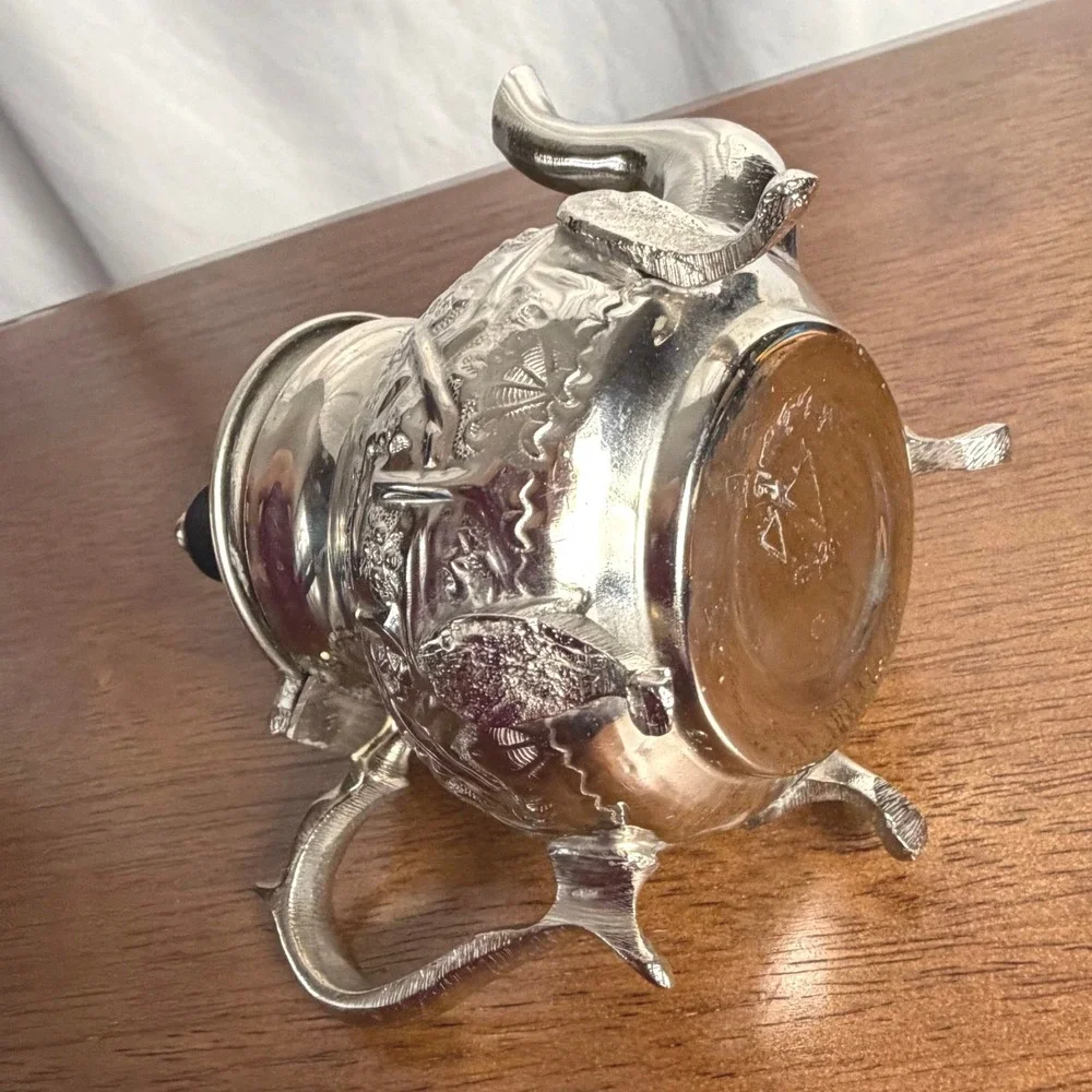 VTG Moroccan Silver Plate Teapot Repousse Footed Fez Style Wood Finial Signed